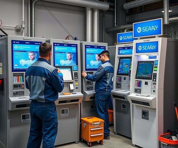 Técnico realizando el mantenimiento de un terminal de autoservicio